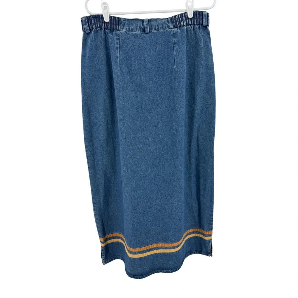 Sun River Women's Blue denim button front velvet trim Maxi Skirt L boho cotton